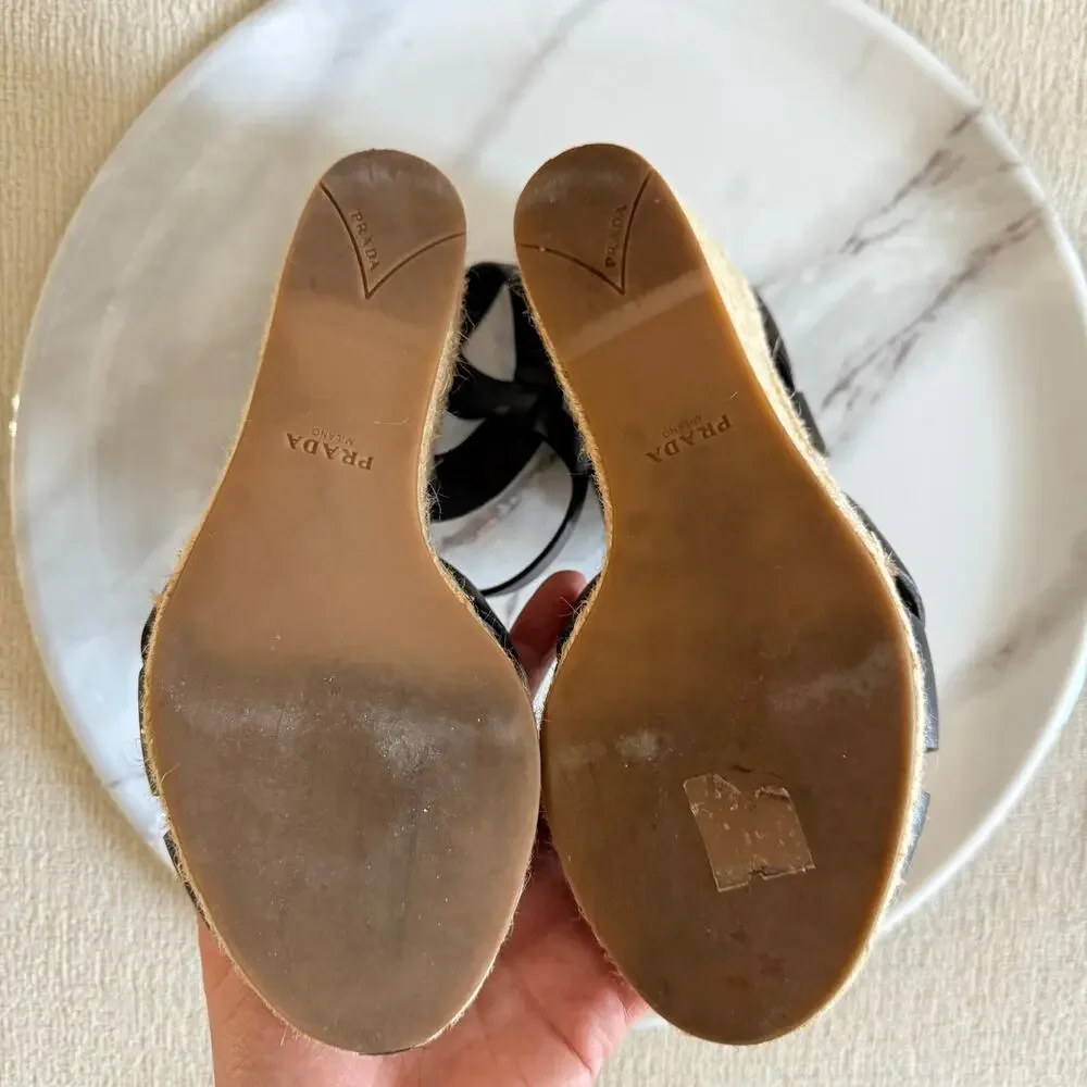 Prada Leather Wedge Espadrilles Black Beige Size 36.5